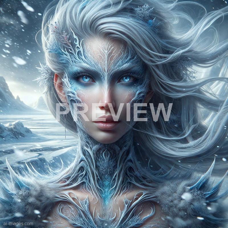 The image features a highly detailed, fantasy-inspired portrait of a woman with icy, frost-like features. Her face is framed by flowing silver hair and intricate icy patterns that resemble frost or snowflakes, giving her a regal and mystical appearance. The background showcases a cold, snowy landscape with distant mountains, emphasizing the wintry theme and enhancing the ethereal, magical atmosphere.